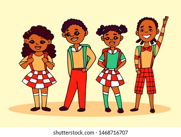 Little schoolchildren, African American nationality. Cartoon illustration.