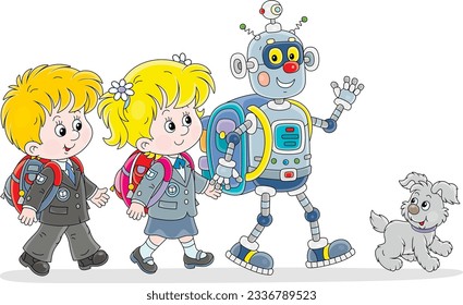 Little schoolchildren and a funny robot with schoolbags going to their school, vector cartoon illustration isolated on a white background
