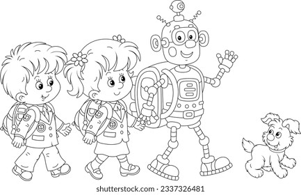 Little schoolchildren and a funny robot with schoolbags going to their school, black and white outline vector illustrations for a coloring book