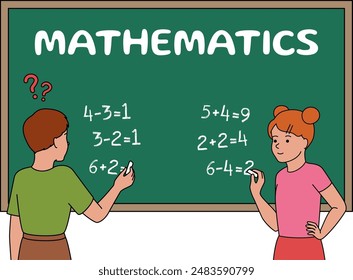 Little schoolchildren solve a mathematical problem with chalk on a blackboard. Vector illustration of a boy and a girl in flat style isolated on a white background.