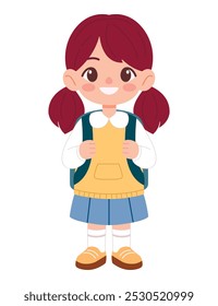 Colegiala pequeña con la mochila aislada en fondo blanco. Ilustración vectorial plana. Tema de Educación