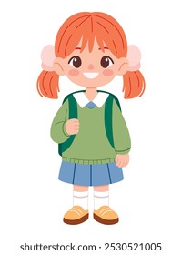 Colegiala pequeña con la mochila aislada en fondo blanco. Ilustración vectorial plana. Tema de Educación