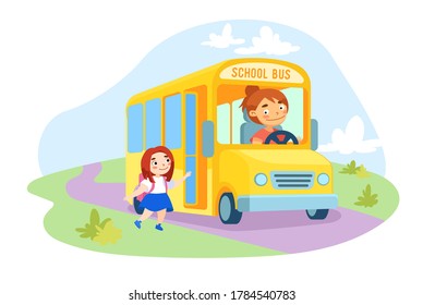 Little Schoolgirl Character with Rucksack on Back and Uniform Climbing in Yellow Schoolbus with Woman Driver at Steering Wheel. Back to School, Pupil Transportation. Cartoon People Vector Illustration