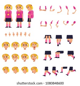Little schoolgirl creation set - cartoon character of female child with backpack. Isolated vector illustration of various body parts, face emotions, hand gestures kit of flat kid student.