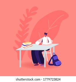 Little Schoolgirl, Female Student Character Sitting at Desk with Textbooks Pile and Backpack on Floor. College or University Lesson, Back to School, Education, Concept. Cartoon Vector Illustration