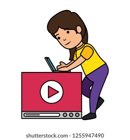 little schoolgirl with laptop and media player