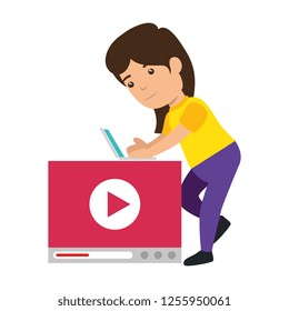 little schoolgirl with laptop and media player