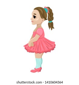 Little schoolgirl princess, dressed in a pink dress and with a hair braid. She folded her arms,in profile. Participant of the theatre or holiday. Cartoon flat style illustration. Vector drawing