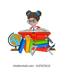 A little schoolgirl is reading a book. Vector illustration on white background.