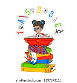 A little schoolgirl is reading a book. Vector illustration on white background.