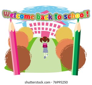 Little schoolgirl with satchel goes to the school entrance