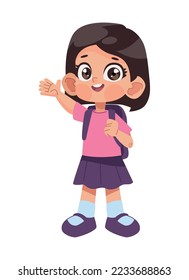 little schoolgirl with schoolbag character