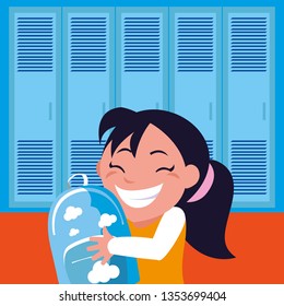 little schoolgirl with schoolbag in school corridor