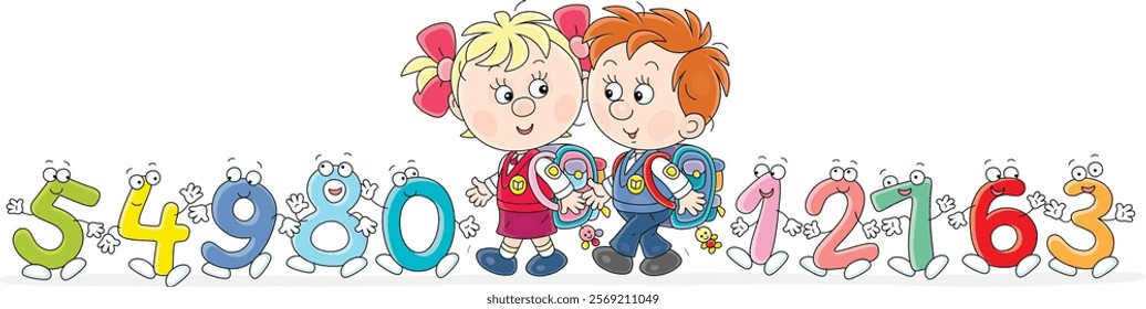 Little schoolgirl and schoolboy first graders going to school with funny colorful toy numbers friendly smiling and waving in greeting, vector cartoon illustration on white