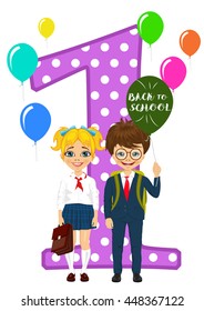 little schoolgirl and schoolboy in school uniform holding balloons with back to school text standing next to number one