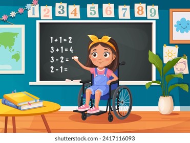 Little schoolgirl stand by blackboard with chalk and solve mathematical problems on math lesson.