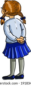Little schoolgirl is standing with her back looking at something.
