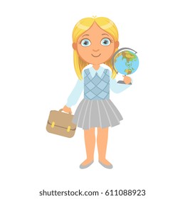Little schoolgirl standing and holding globe and school bag, a colorful character isolated on a white background