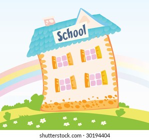 Little Schoolhouse in nature. Back to childhood â?? vector Illustration of School building.