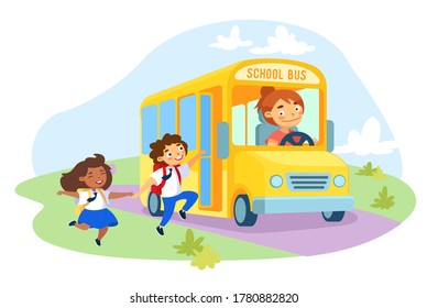 Personaje de niños pequeños sosteniendo las manos con un rockola y escalando uniforme en un colegio amarillo con conductor femenino dentro. De vuelta a la escuela, transporte de alumnos. Ilustración de vectores de personas de caricatura