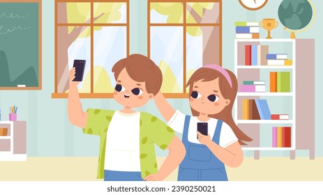 Little schoolmates doing selfie in classroom. School time, education and friendship. Children has break, free time in kindergarten vector scene