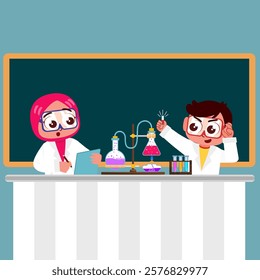 little scientist boy and girl in white coat. muslim kid. flat design vector - Powered by Shutterstock - Get 15% off with code: PIKWIZARD15