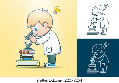 Little scientist cartoon looking through a microscope on books stack