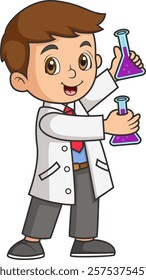 little scientist cartoon using chemistry flask doing science experiments of illustration