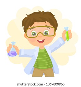 Pequeño científico con gafas y elementos químicos en sus manos