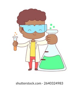 Little scientist holding big laboratory flask, cute, black, child, scientific experiment, hand drawn, vector illustration