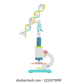 Little scientist on microscope and DNA structure. Vector illustration.