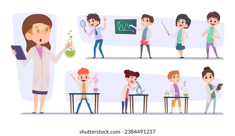 Little scientists. Chemical laboratory kids making experiments holding tubes exact vector cartoon people