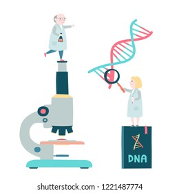 Little scientists concept. Microscop, DNA structure, genome sequencing. Vector illustration.