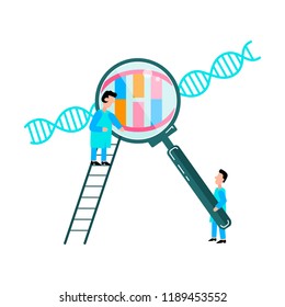 Little scientists are exploring DNA structure. Nano technology concept. Vector illustration on white background.