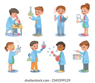 Little scientists. Kids in lab coats hold test tubes. Chemical flasks and beakers. Young chemists or biologists. Physicists scientific experiments. Laboratory research