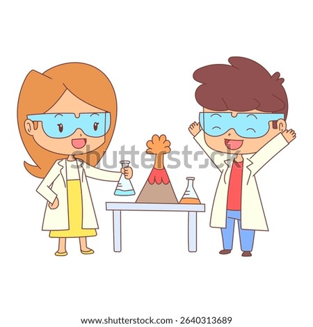 Little scientists volcano science experiment, cute, children, hand drawn, vector illustration