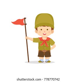 Little scout boy holding flag, vector cartoon illustration
