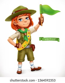 Little scout with green flag. Comic character, 3d vector illustration