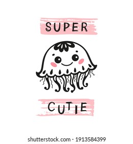 Little Sea Jellyfish. Doodle Cute Jellyfish for Tee Print Design for Kids. Vector Cartoon Baby Animal. Scandinavian Card, Print or Poster Design