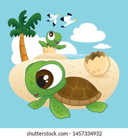 Little sea turtles hatching from eggs, Happy time of little sea turtle.