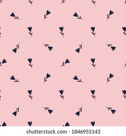 Little seamless pattern with navy blue flower silhouettes. Pink background. Nature abstract backdrop. Vector illustration for seasonal textile prints, fabric, banners, backdrops and wallpapers.