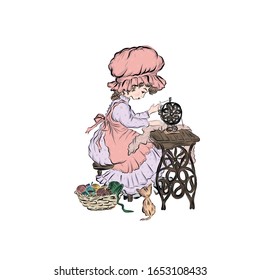 Little seamstress sews on vintage sewing machine. 