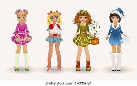 Little seasons girls, vector illustration