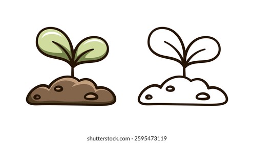 Little seedling sprout cute cartoon outline line art illustration. Gardening farming agriculture coloring book page activity worksheet for kids