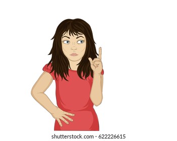 Little serious girl thought of a new idea gesturing forefinger up. Empty space for your advertising. Vector illustration on white background