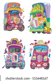 a little set of bright decorated indian trucks painted with traditional patterns - cartoon