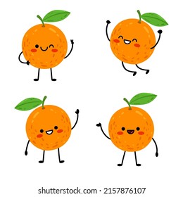 Little set of oranges - jumping, waving, winking. Cute cartoon character orange. Flat Vector illustration isolated on white background