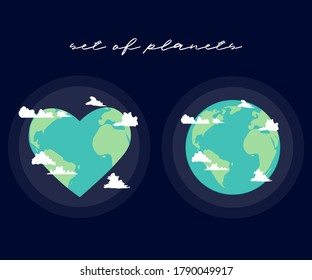 little set of the planets heart-shaped and regular vector illustration cartoon flat design modern style 