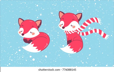 Little set of two cute foxes under the snowfall. Fox with a scarf