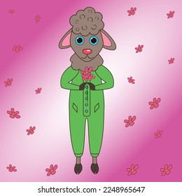 
Little sheep children's illustration in a suit with a bouquet of flowers